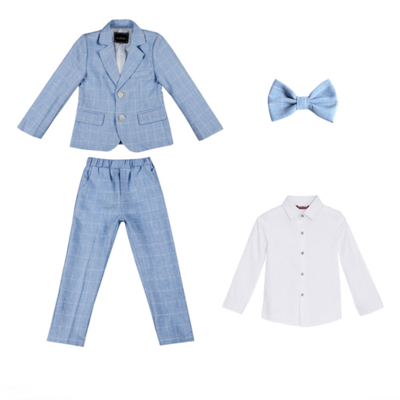 Boys 4 Piece Plaid Suit of Jacket, Pants, Shirt and Bow Tie