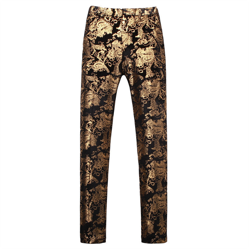 Mens Slim Fit Gold Printed Flat Front Pants Stylish Casual Floral Patten Trousers