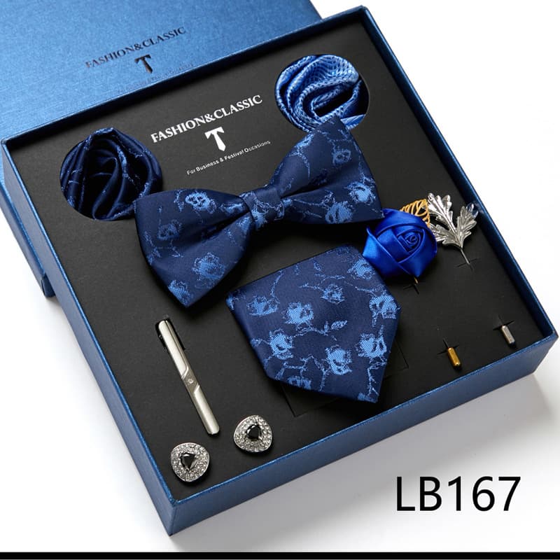 Men's 8 Pieces Ties Set  (Necktie＋Bow Tie＋Pocket Square ＋Cuff-links＋ Lapel Pin Flower ＋Tie clip）
