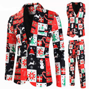 Men's Christmas 3 Piece Casual Printed Red Suit