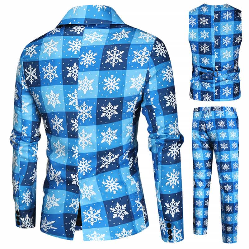Men's 3 Piece Christmas Suits Printed Blue One Button