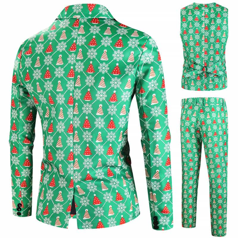 Men's 3 Pieces Christmas Printed Suit in Green Pattern