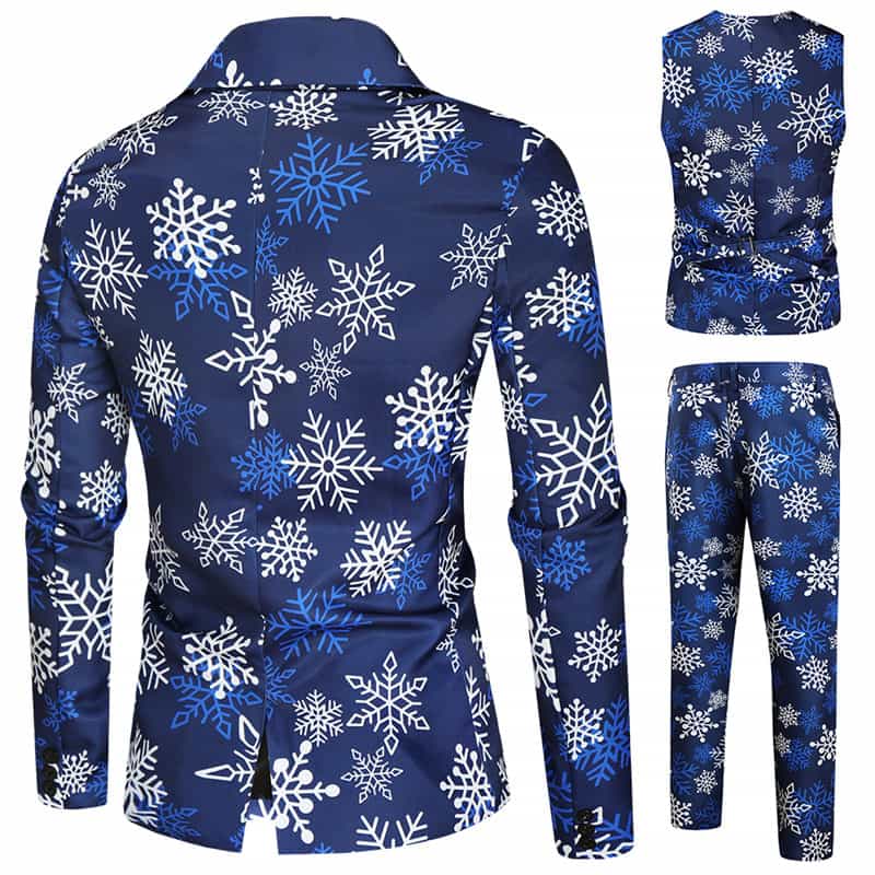 Men's 3 Piece Christmas Suits Printed Blue One Button
