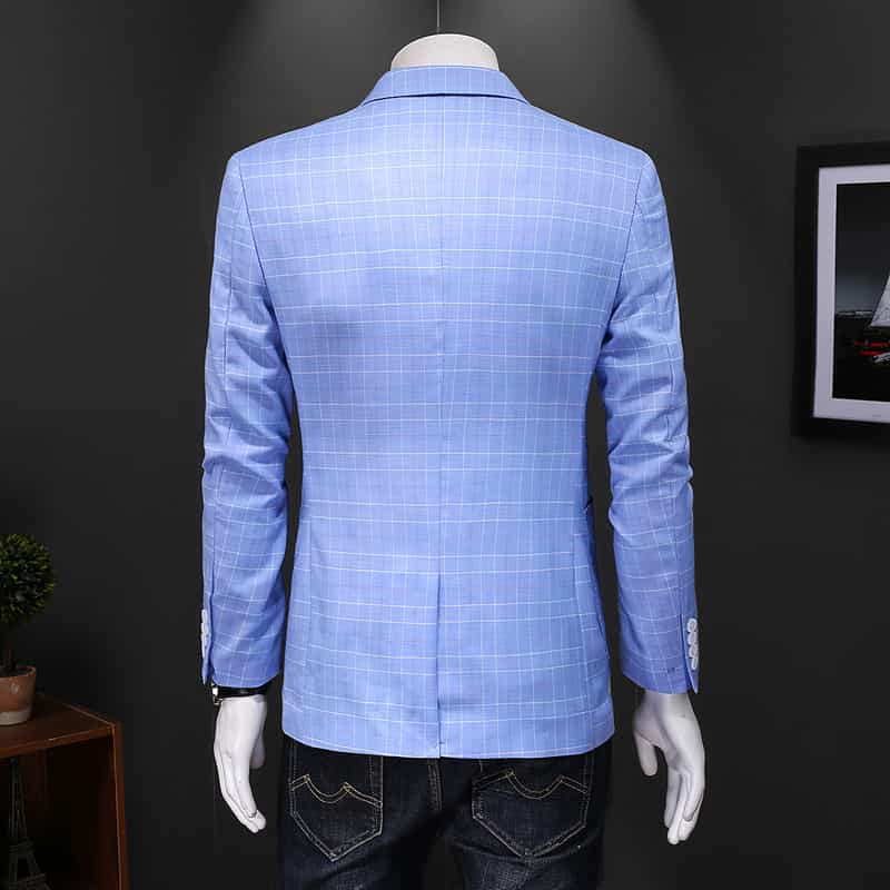 Men's Blazer Slim Fit One Button Suit Jacket Light Blue Plaid Sports Coat