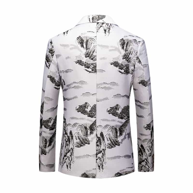 Mens White Printed Blazer Landscape with Painting