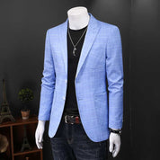 Men's Blazer Slim Fit One Button Suit Jacket Light Blue Plaid Sports Coat