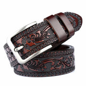 Men’s Carving Leather Belt Phoenix Pattern with Single Alloy Prong Buckle
