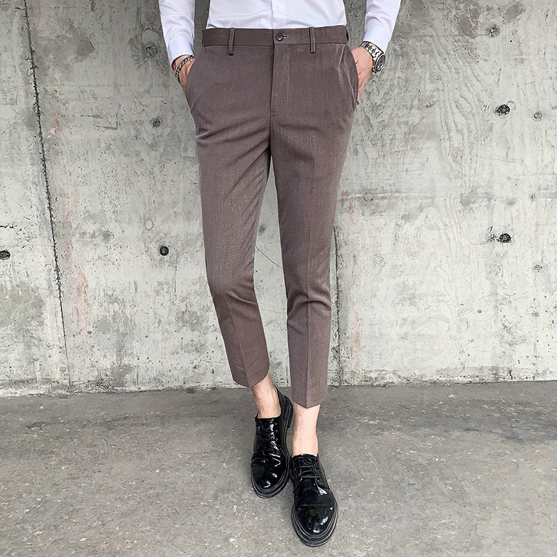 Slim Fit Cropped Trouses in Plain Grey Brown Black