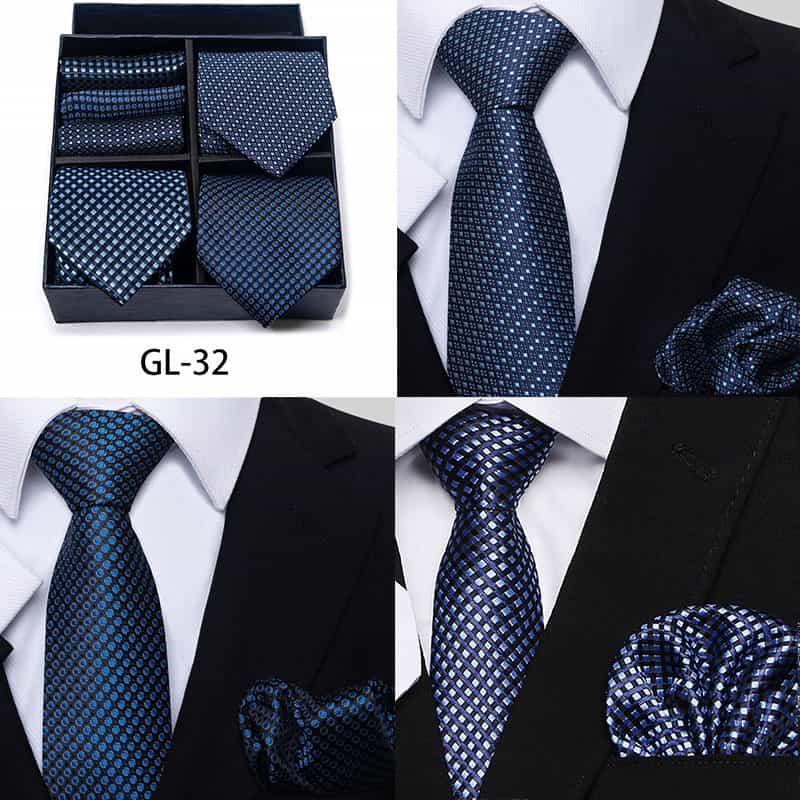 Men's 6 Pieces Gift Neckties & Pocket Squares Set in Blue Black Pink