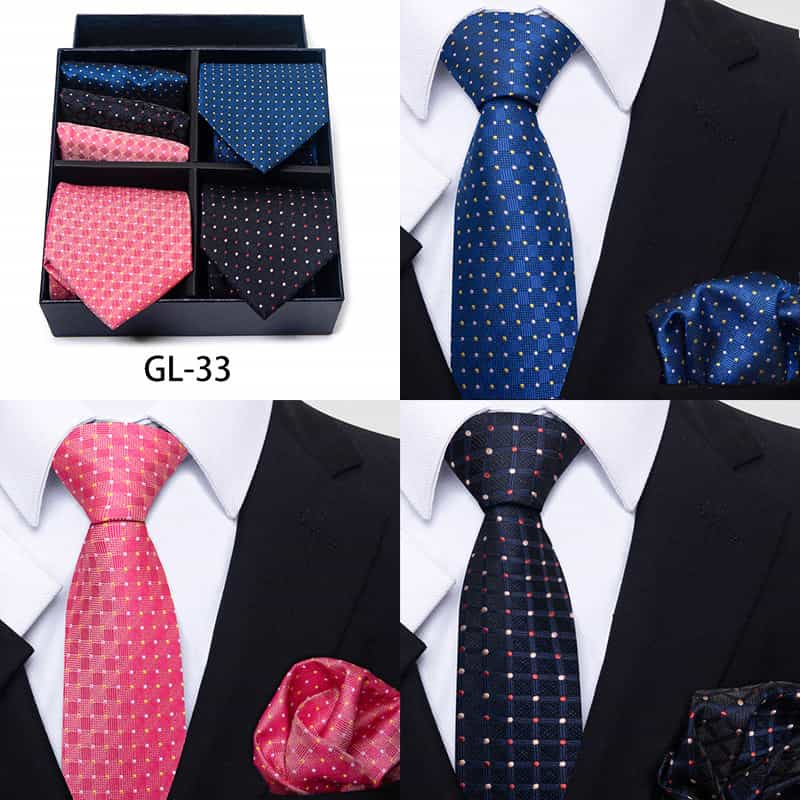 Men's 6 Pieces Gift Neckties & Pocket Squares Set in Blue Black Pink