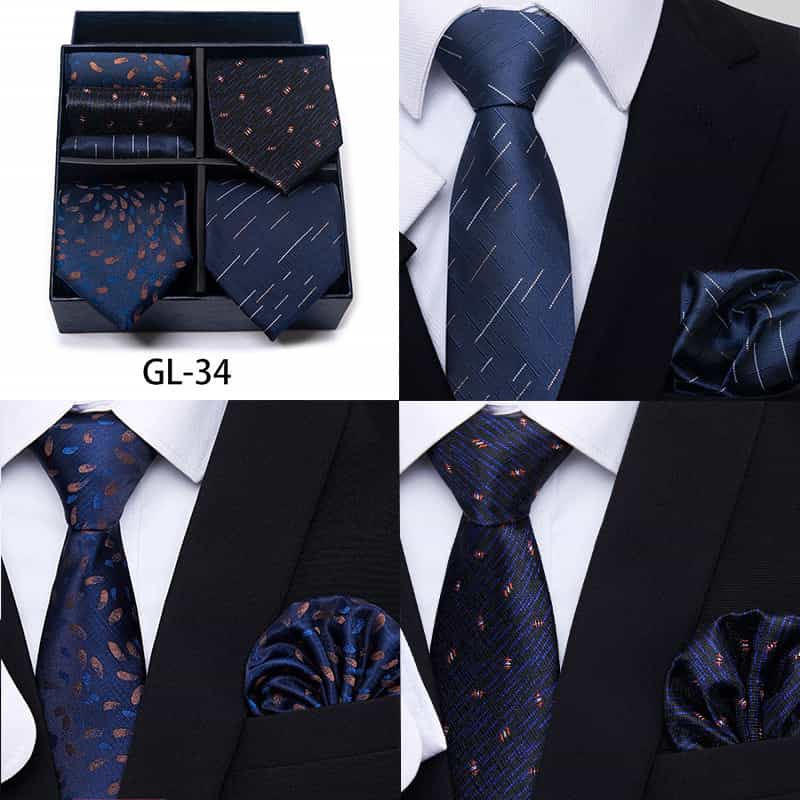 Men's 6 Pieces Gift Neckties & Pocket Squares Set in Blue Black Pink
