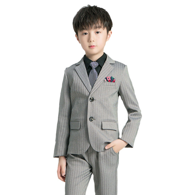 Boys 5 Piece Striped Suit in Grey and Black