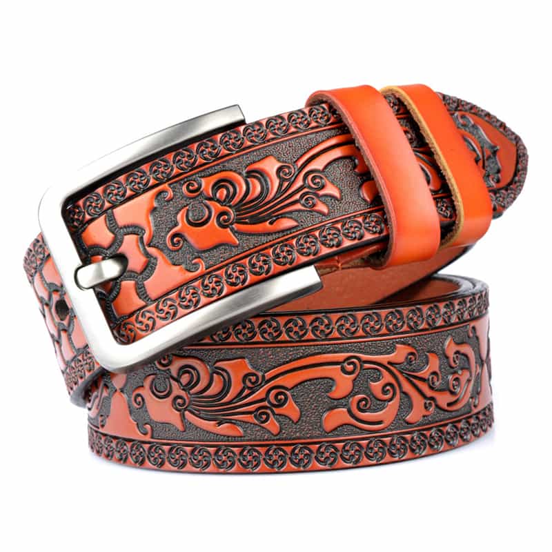 Men’s Carving Leather Belt Phoenix Pattern with Single Alloy Prong Buckle