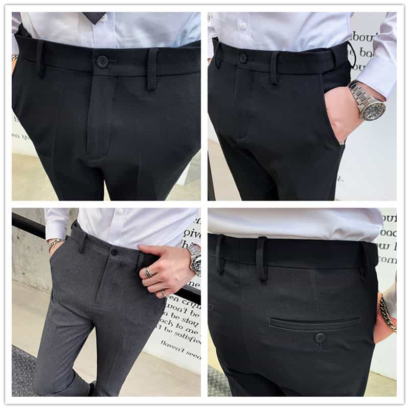 black skinny fit cropped ankle button men's dress pants Men's Business Button Decorative Cropped Pants Stretch Slim Skinny Suit Pants Classic Fit No Iron Casual Pants (Black,28) at Amazon Men's Clothing store
