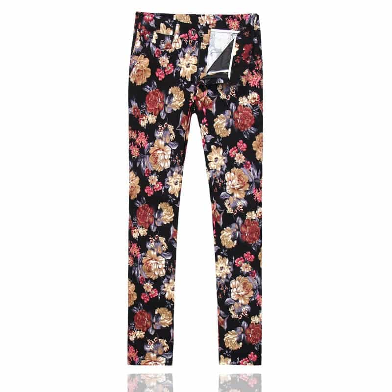 Mens Slim Fit Flat Printed Front Pants Stylish Floral Trousers For Prom Wedding Dress Party