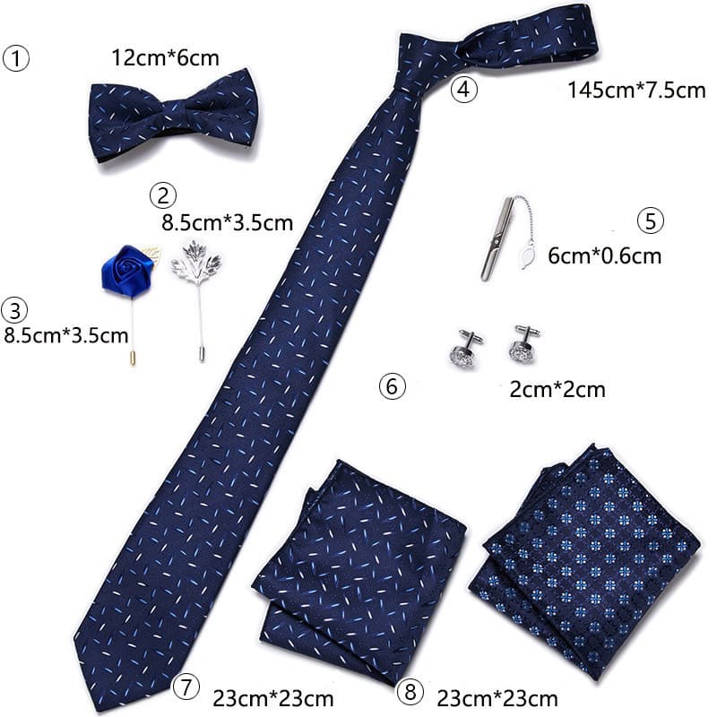 Men's 8 Pieces Ties Set  (Necktie＋Bow Tie＋Pocket Square ＋Cuff-links＋ Lapel Pin Flower ＋Tie clip）