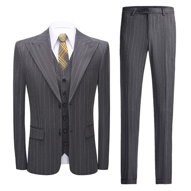 Mens 3 Piece Suit Slim Fit Pinstriped Tuxedos For Wedding Prom Groomsmen Party Grey Khaki