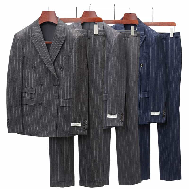 Mens 2 Piece Double Breasted Suit Slim Fit Pinstripe Tuxedos