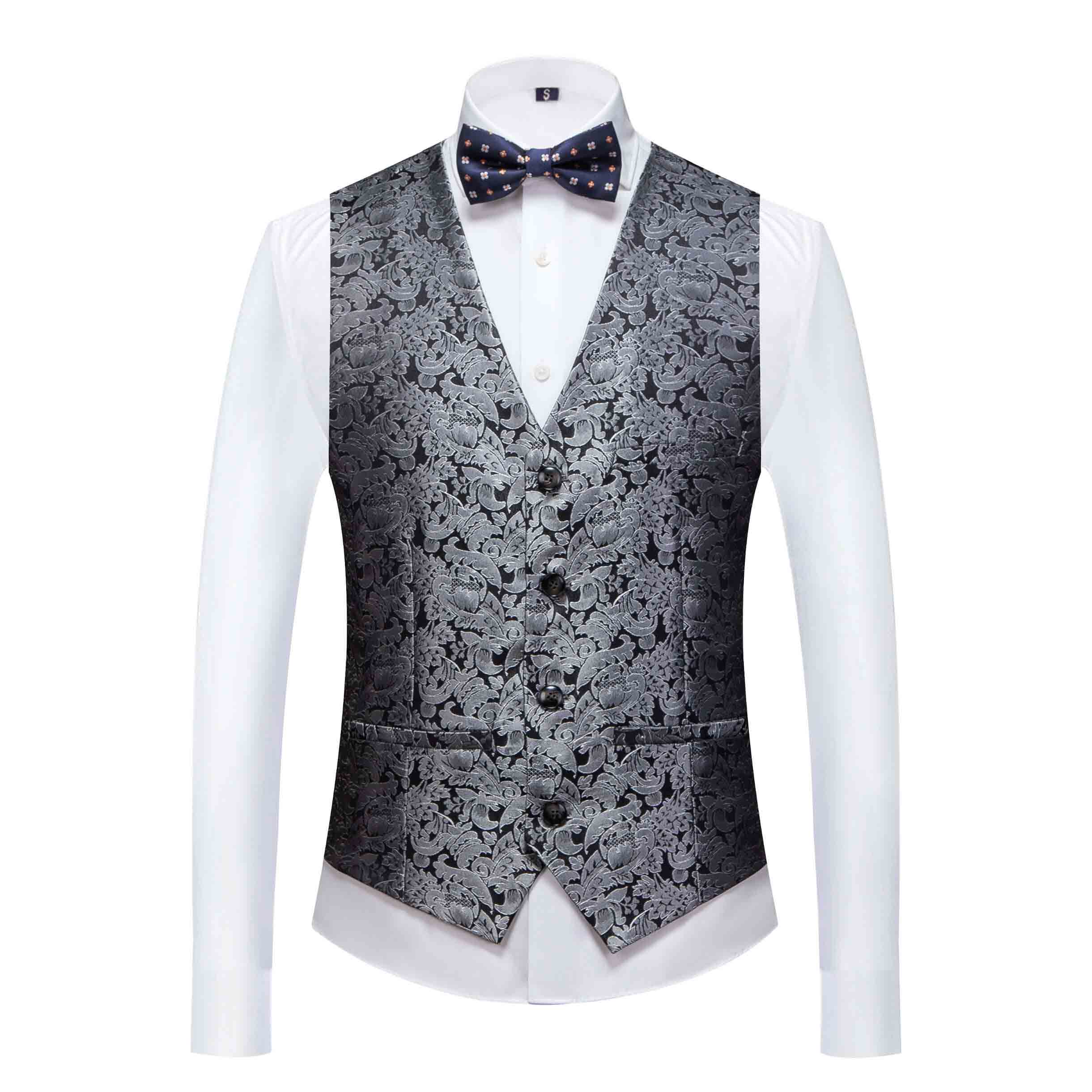 Mens Silver Floral Black Tuxedo Suit 3 Piece Wedding Prom Party