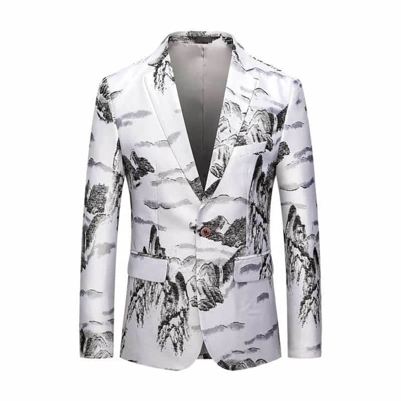 Mens White Printed Blazer Landscape with Painting