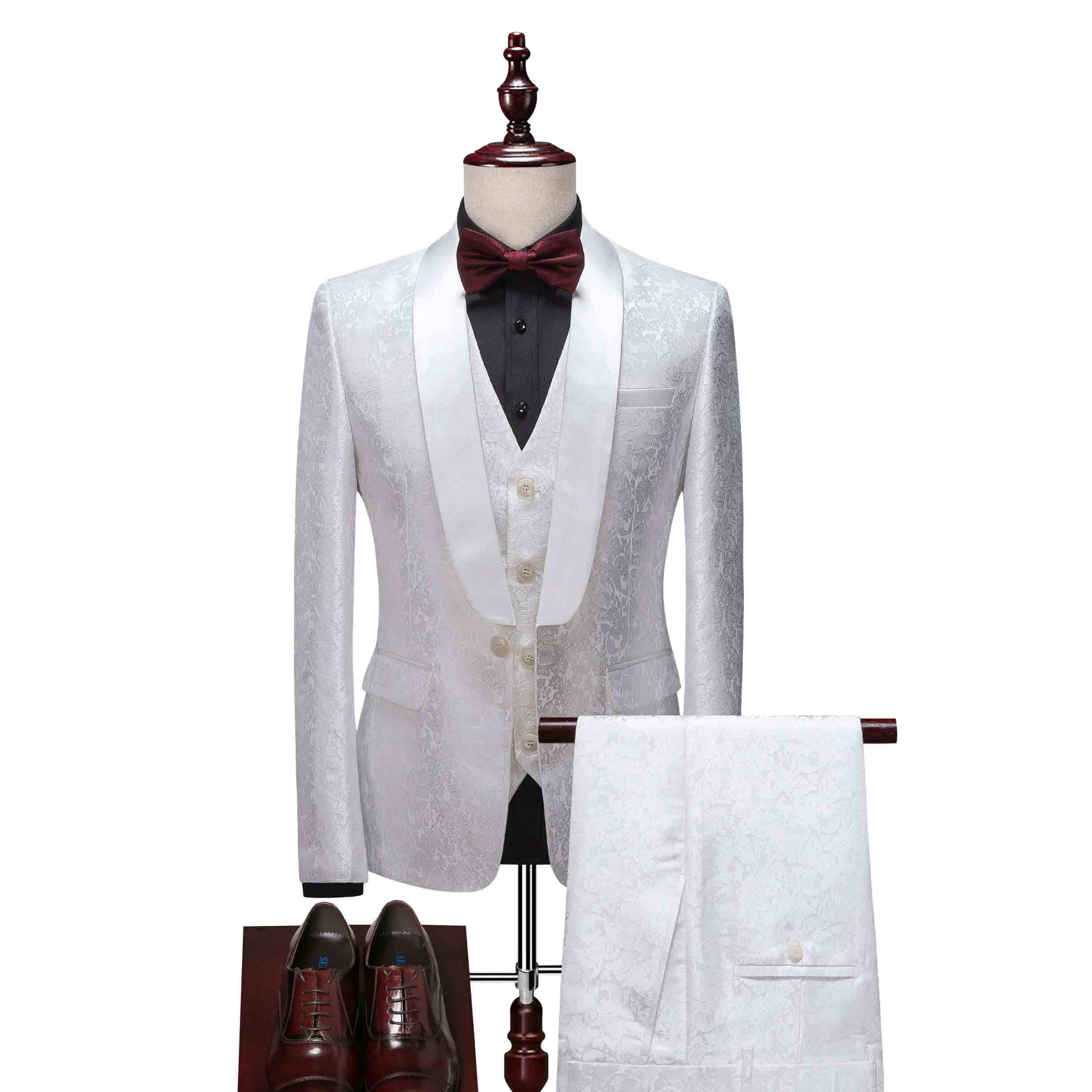 Men 3 Piece Jacquard Tuxedo with Floral Pattern