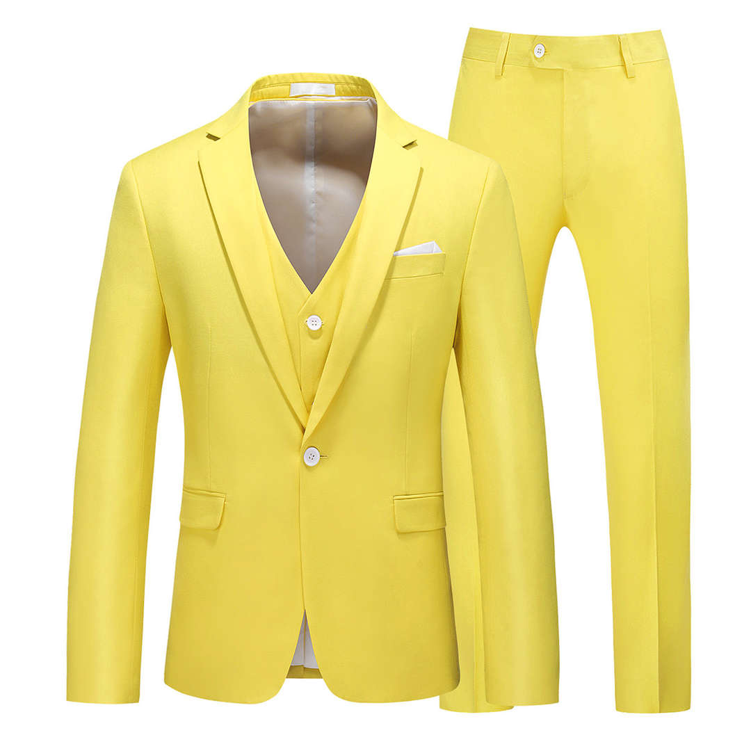 Mens 3 Piece Solid Suit with 12 Plain Colors One Button Closure